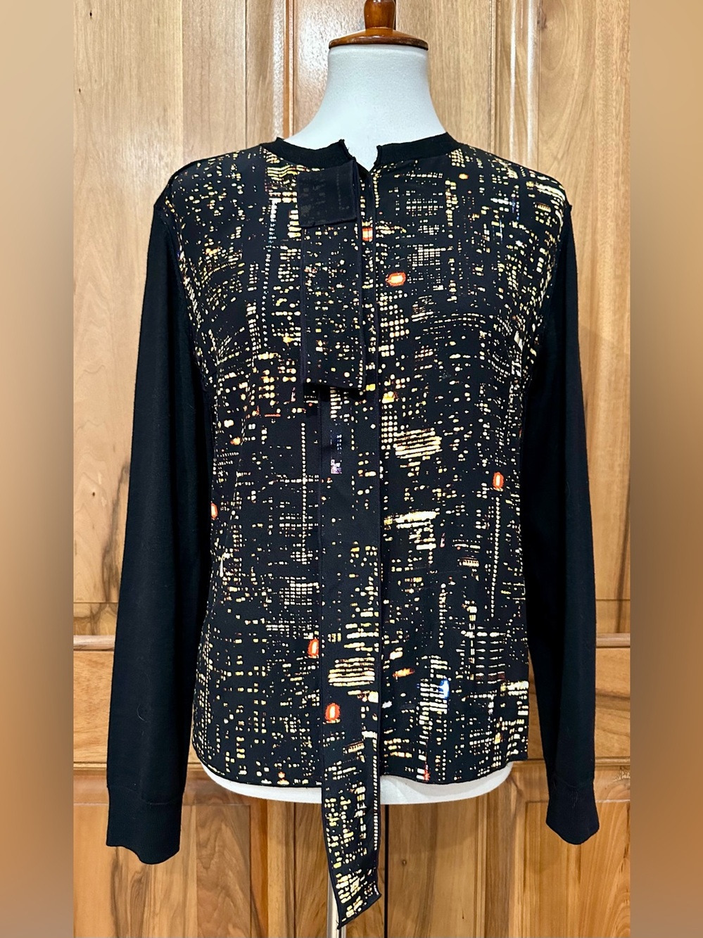 Marc Jacobs Cityscape Reverse Cardigan w/ Neck Sash, Silk & Merino Wool, NWOT, M